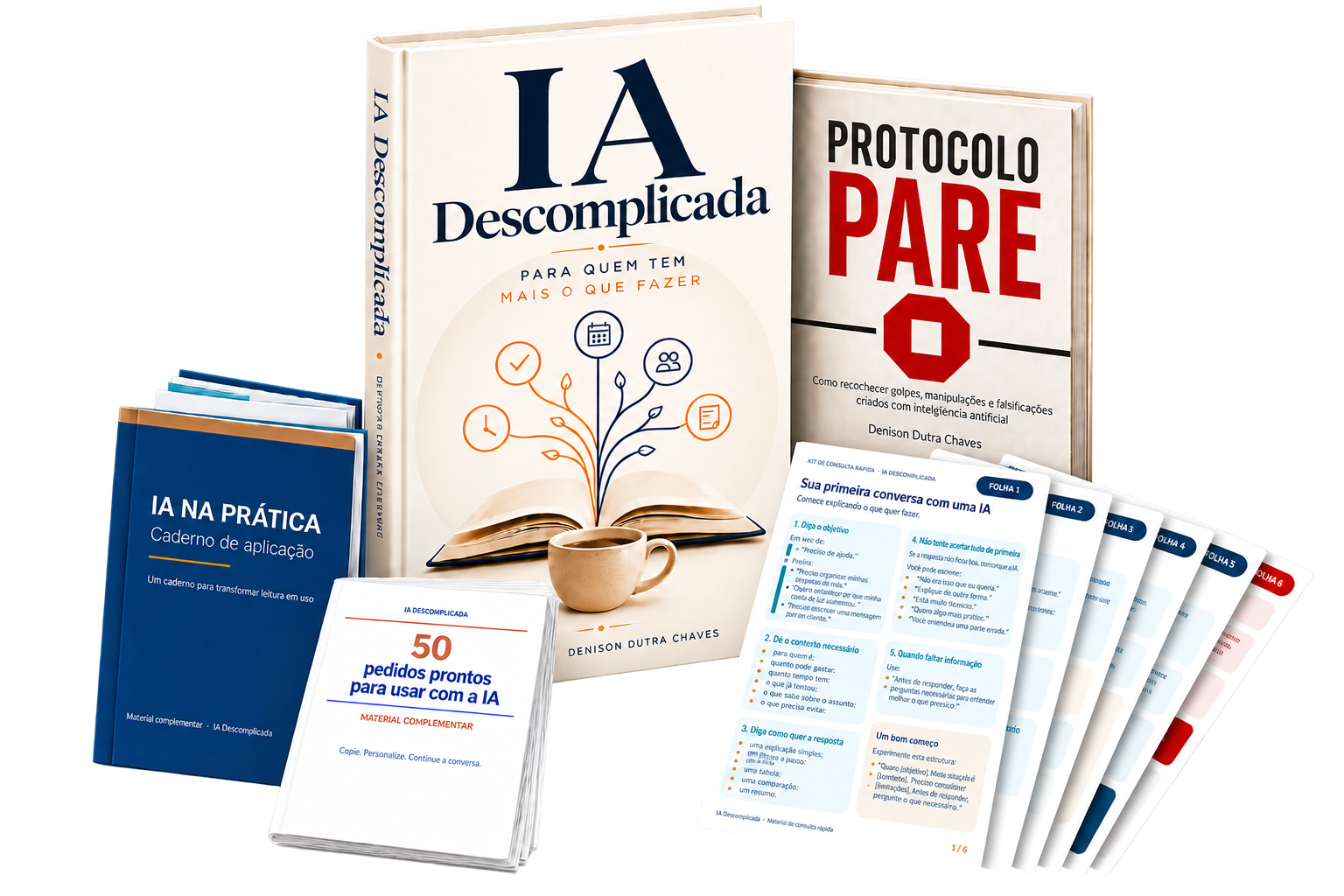 Mockup da coleção IA Descomplicada com o livro principal, Protocolo PARE, Caderno de aplicação, 50 pedidos prontos e Kit de Consulta Rápida.